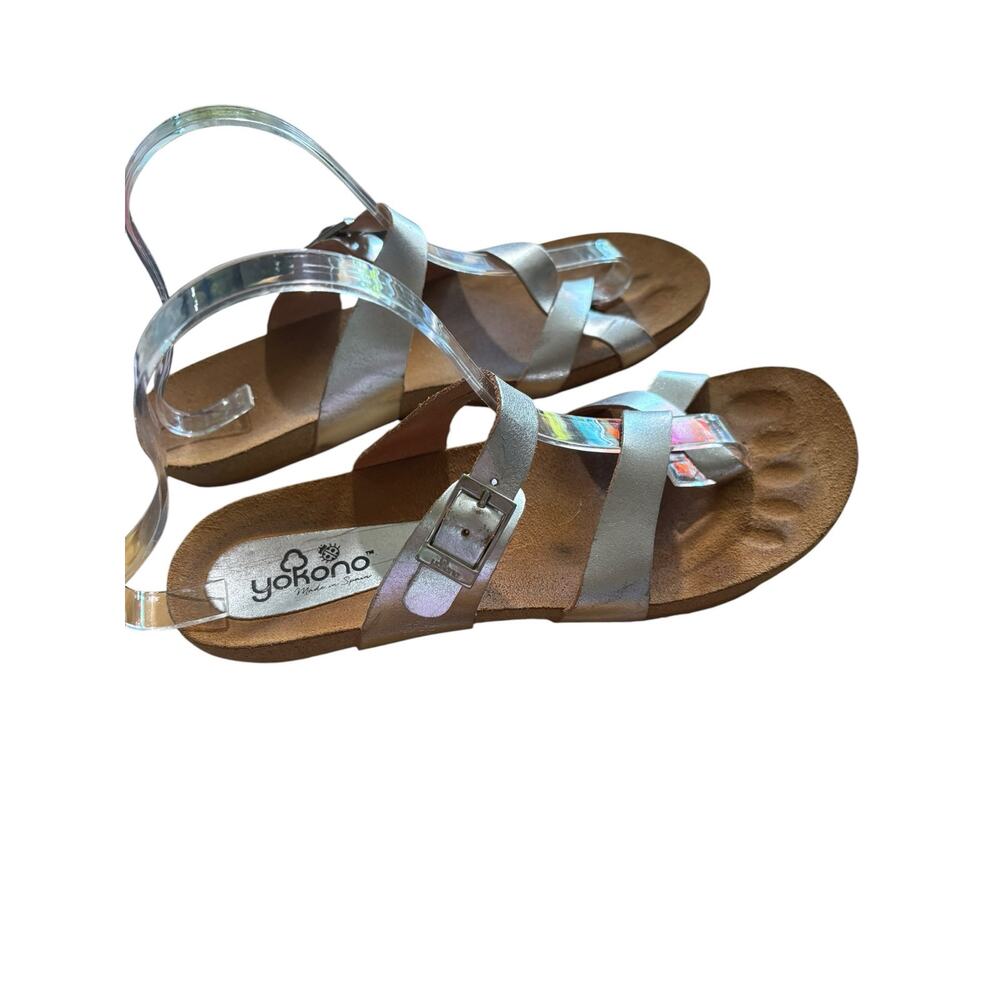 Yokono Metallic Silver Leather Comfy Upper Two Strap Buckle w/ Cork Footbed sz 9